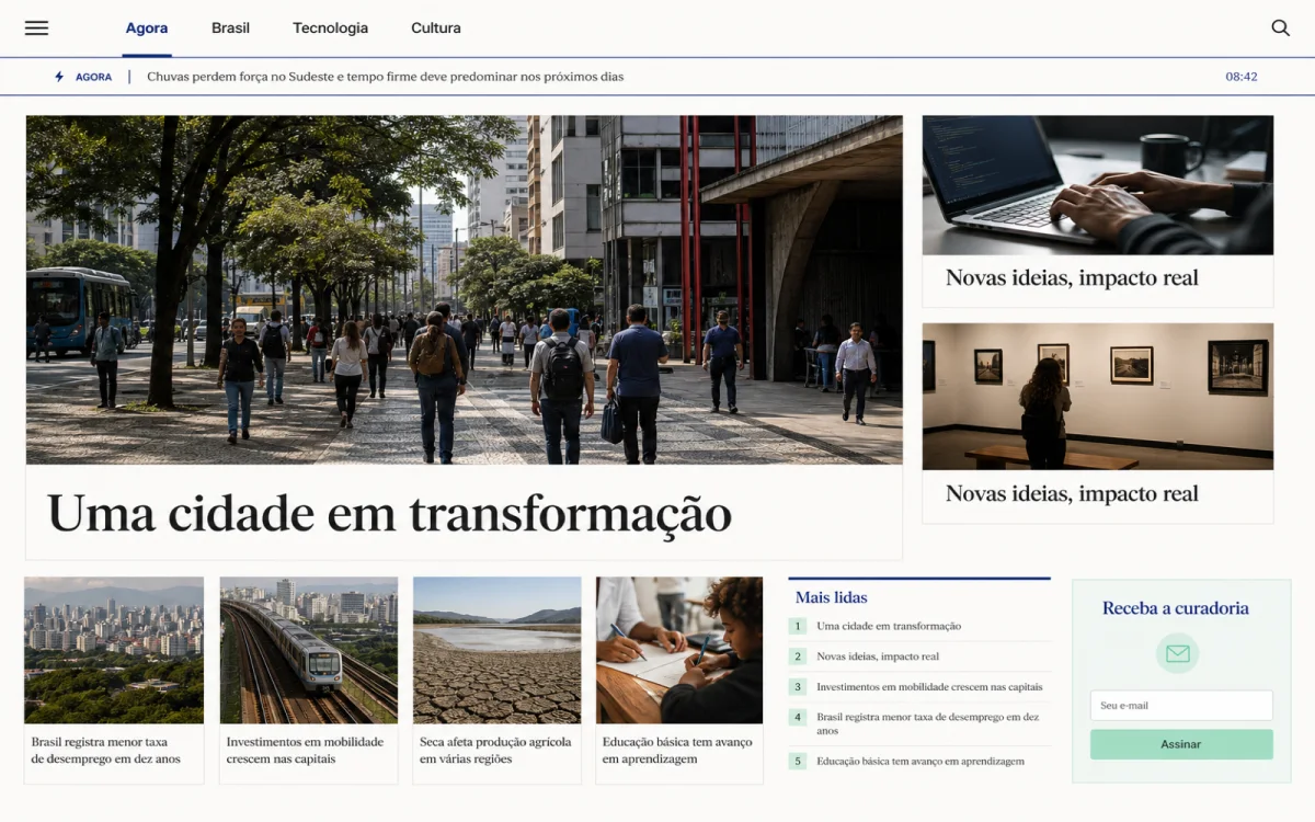 Modelo visual de página inicial para um portal editorial de notícias